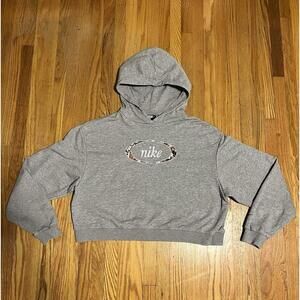 Nike Womens Hoodie M Gray Floral Logo Crop Pullover Long Sleeve Hood Sweater